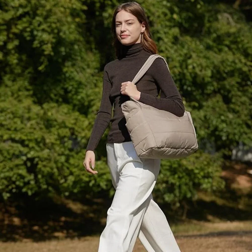 Women Grayish Brown Lightweight Puffy Tote Bag with Compartments Shoulder Bag